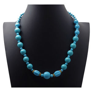 Vintage Japan Two Tone Blue Bead Necklace Single Strand Graduated Ribbed Aqua